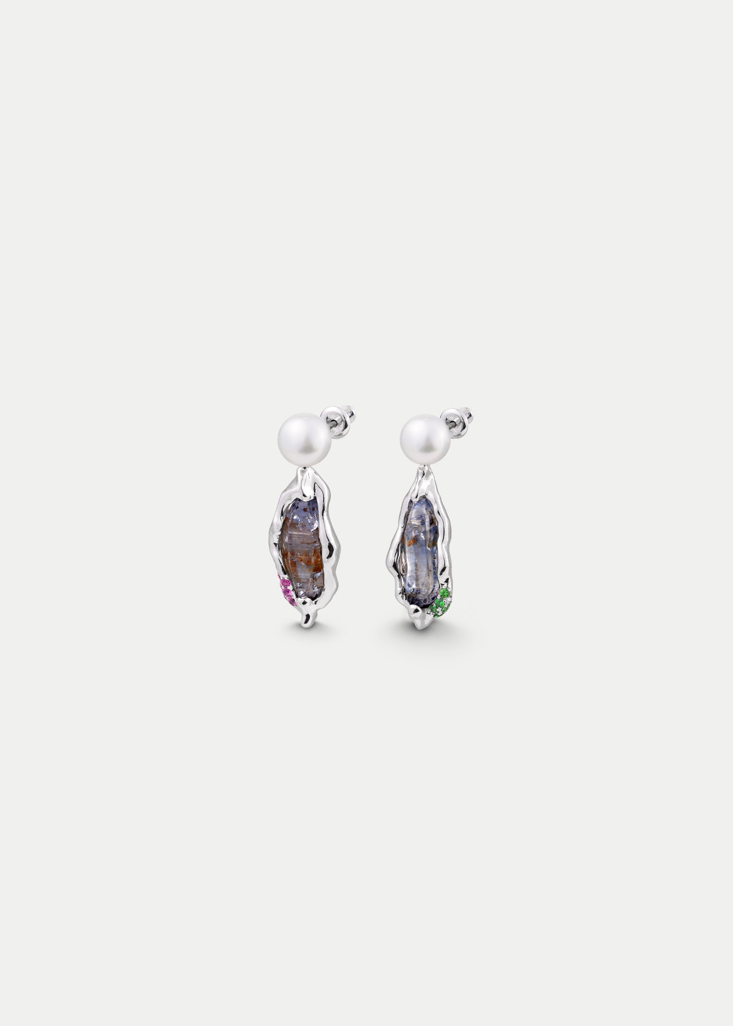 Platinum Sapphire  Keshi Pearl Tsavorite Earrings