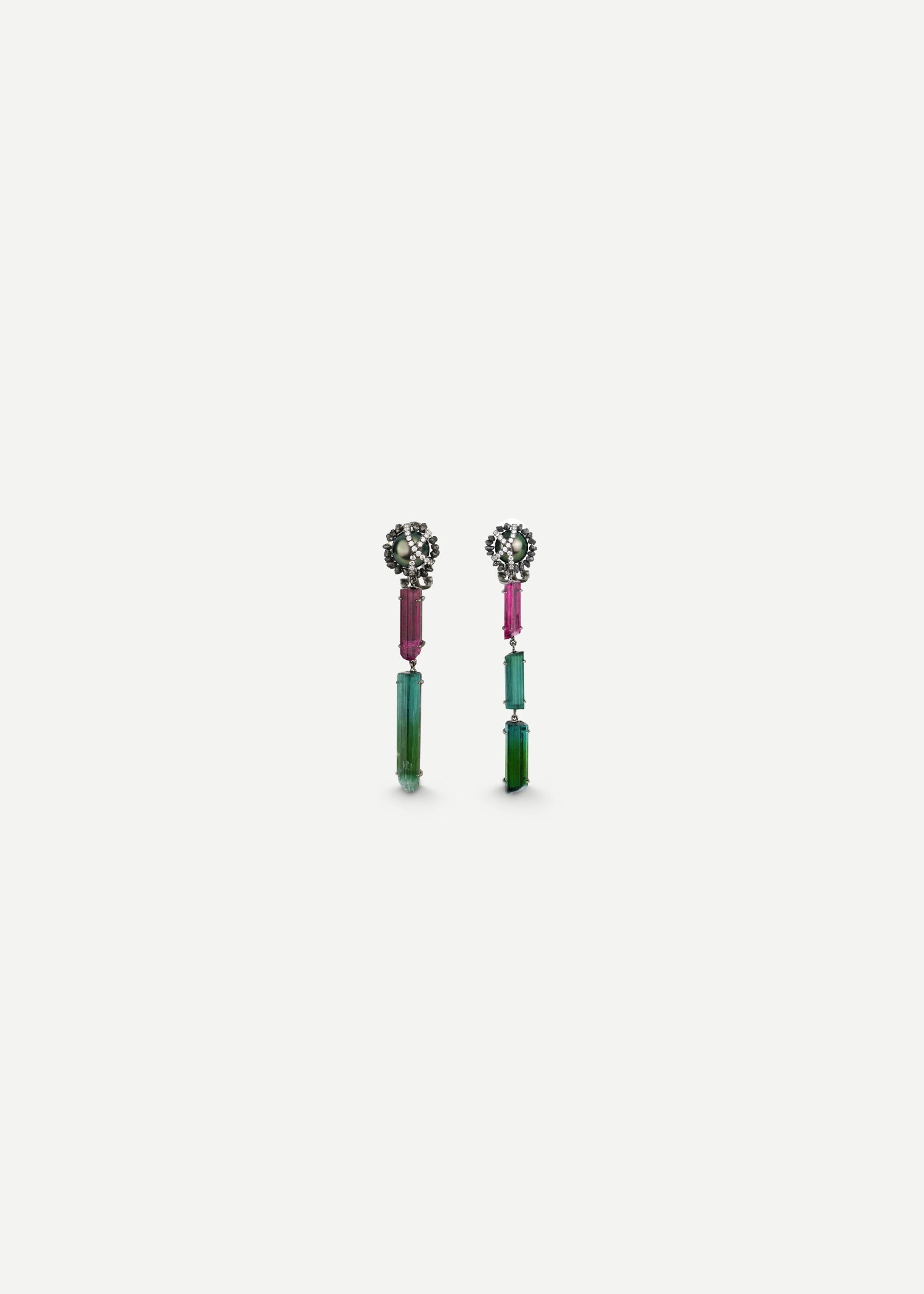 18kt Black Gold Tourmaline Tahitian Pearl Diamond Earrings
