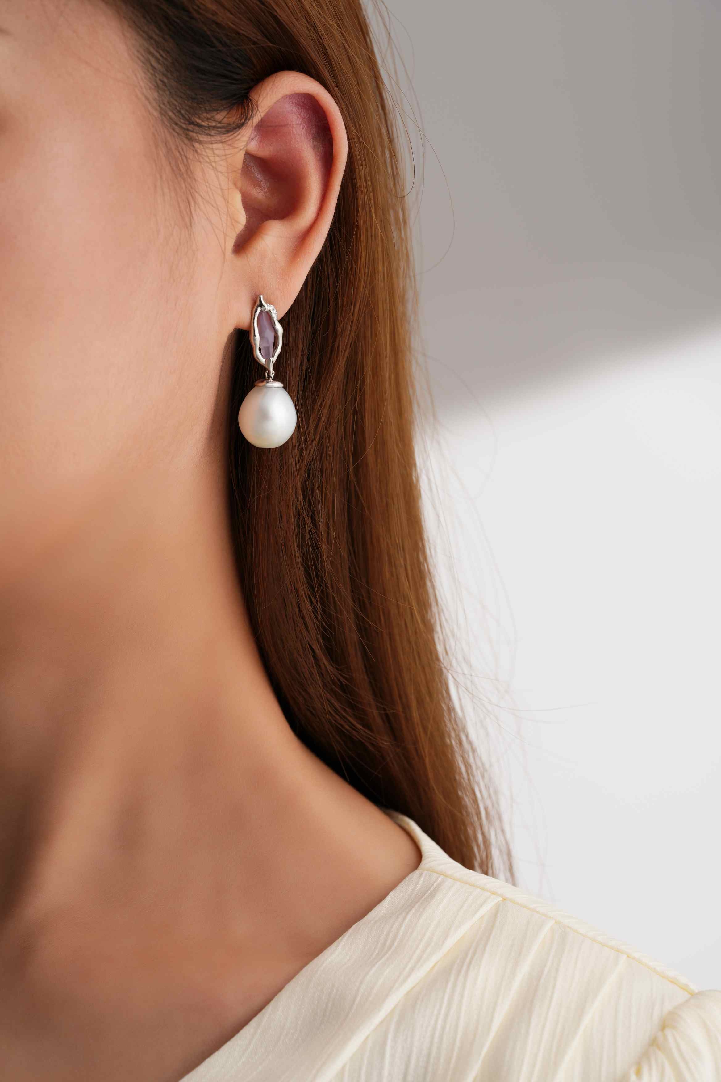 Platinum Sapphire Oval South Sea Pearl Diamond Earrings