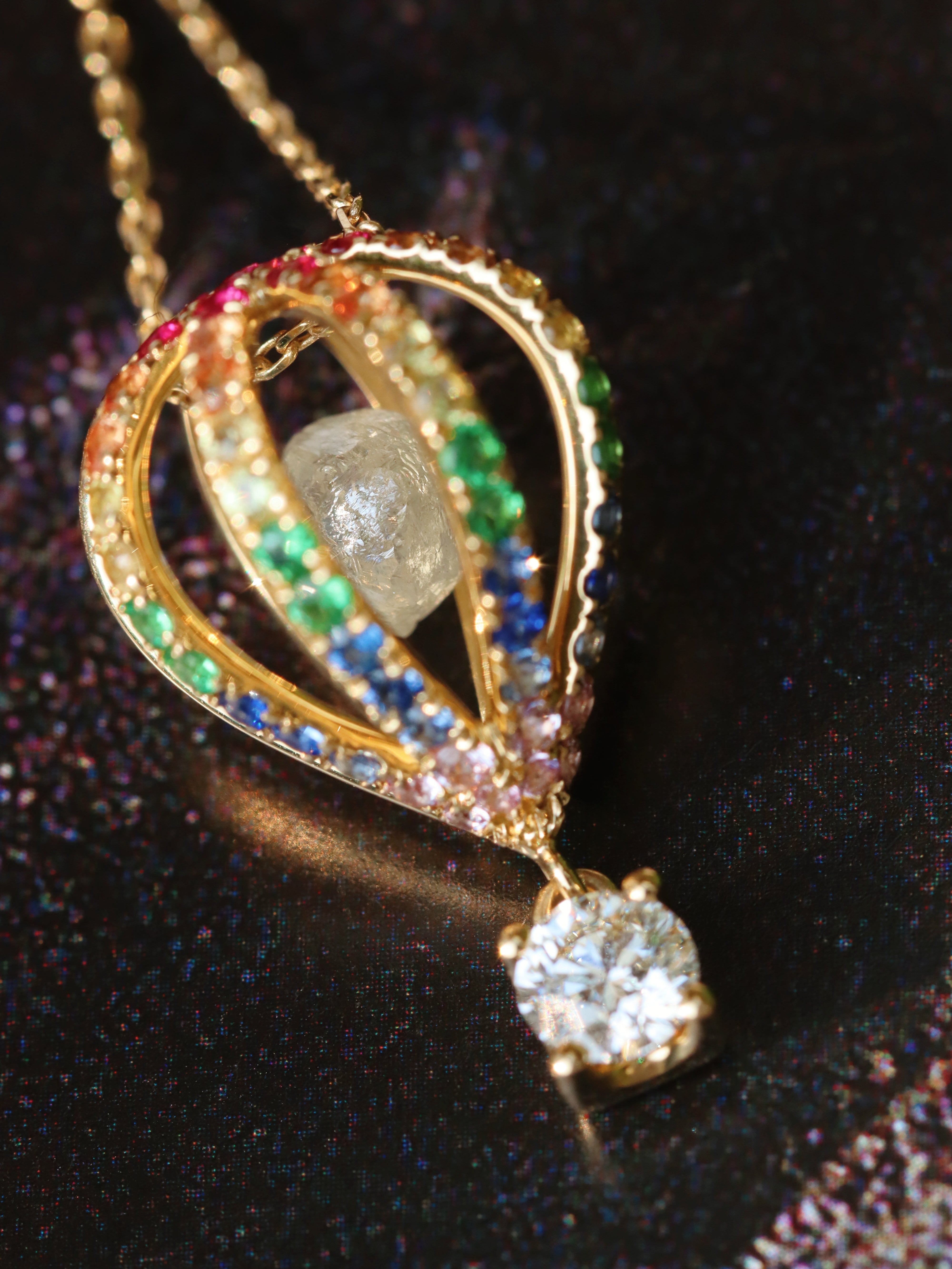 18kt Yellow Gold Multicolored Gemstone  Diamond Necklace