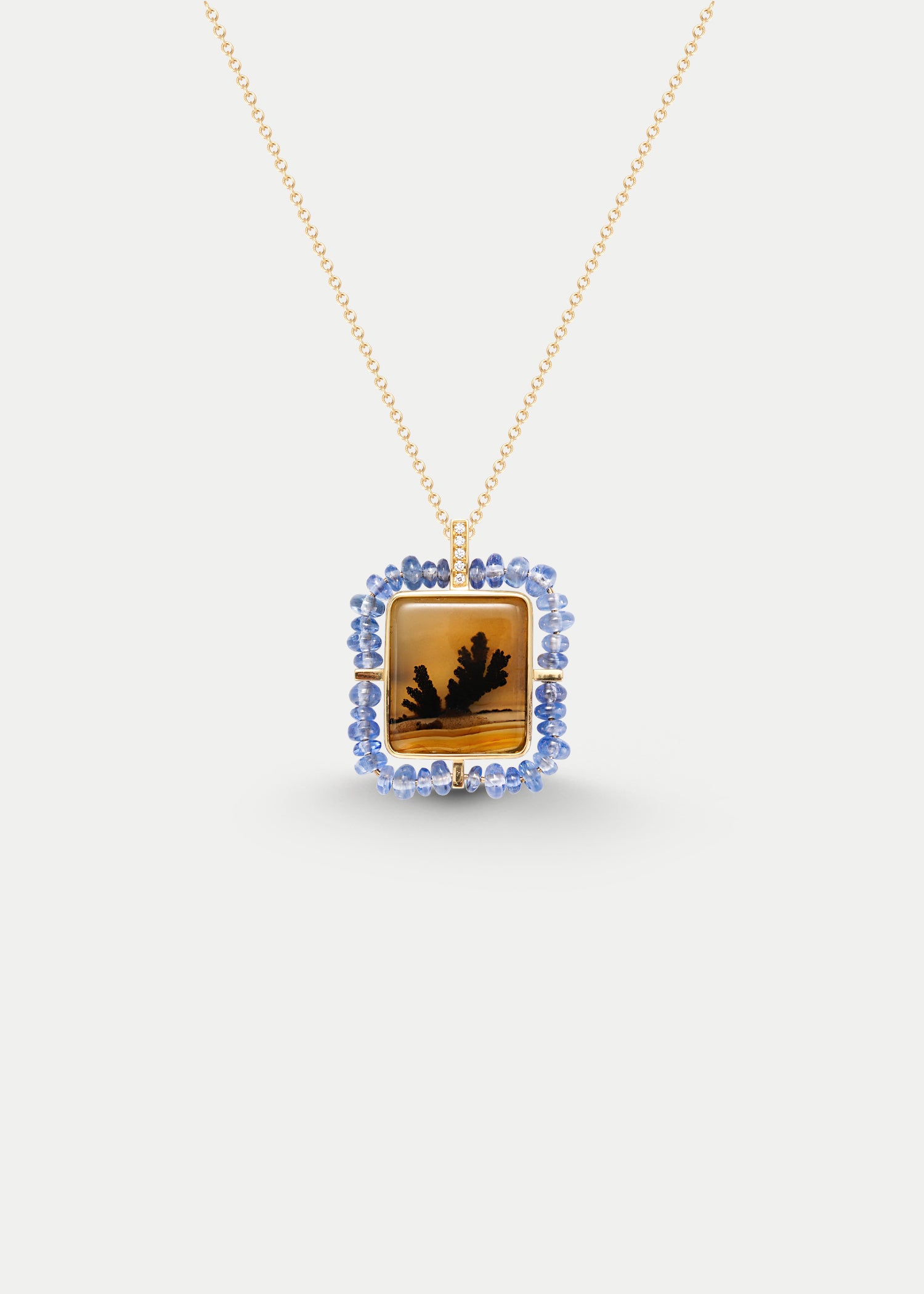 18kt Yellow Gold Sapphire Diamond Landscape Agate Necklace